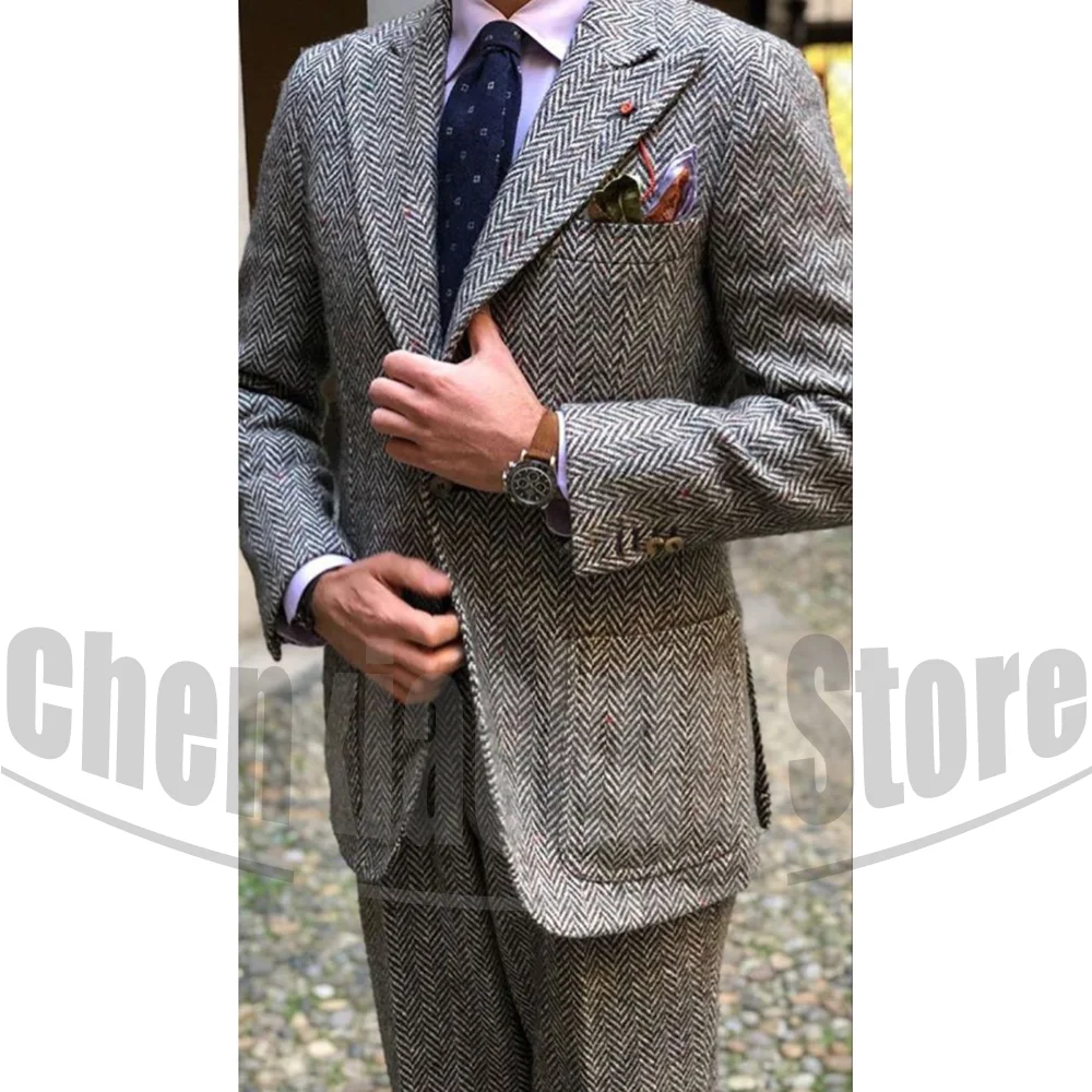 

Chic Herringbone Tweed Men Suits Fashion Peak Lapel Single Breasted Clothing 2 Piece Formal Business Casual Daily Male Suit