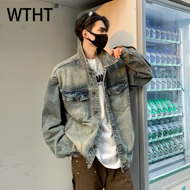 

WTHT винтажные мужские джинсовые куртки с градиентом и старыми карманами, модные свободные пальто в американском стиле с лацканами, мужские осень 2023, 2A1199