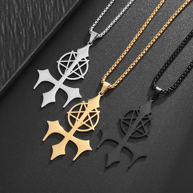 Stainless Steel Inverted Pentagram Devil Symbol Pendant Necklace Men's Gothic Trident Cross Evil Power Jewelry