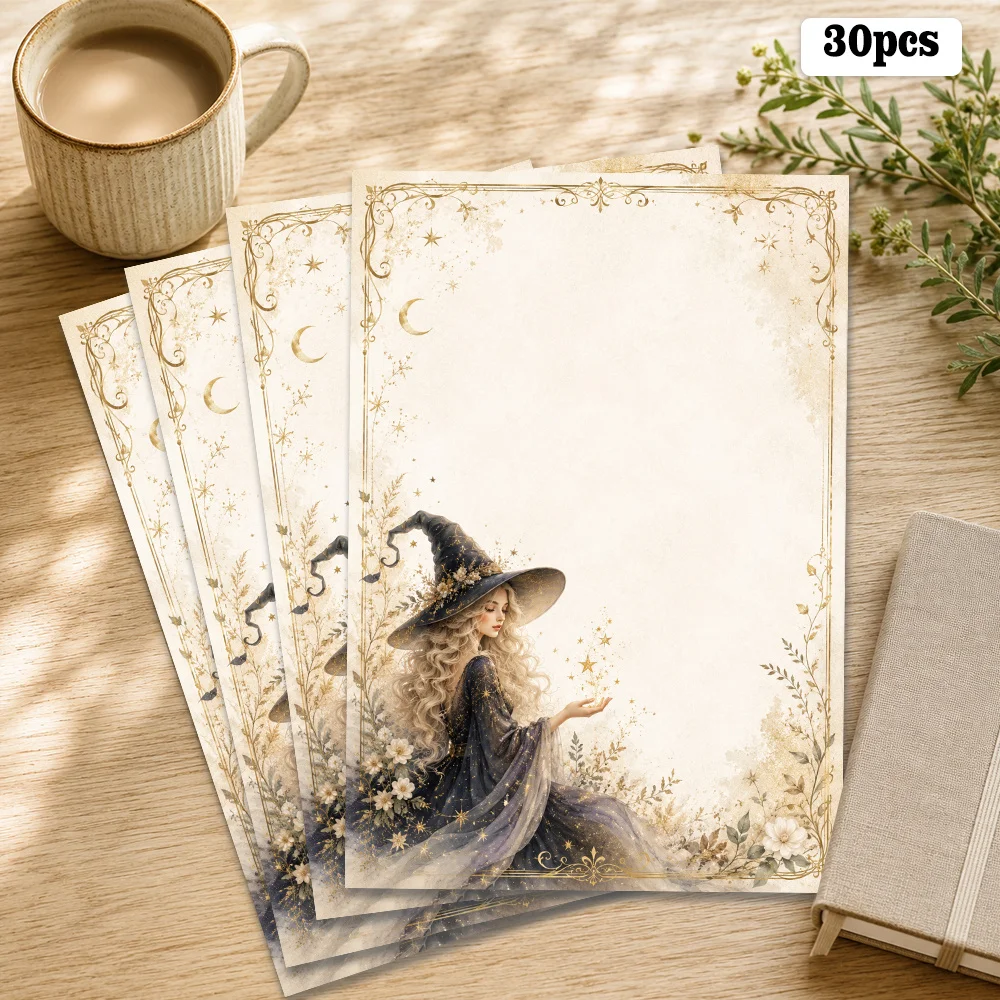 30 Sheets, B5, Star And Moon Witch-themed Writing Paper With Glasses, Lined, Unglued, Perfect For Notebooks, Memos, And Stickers