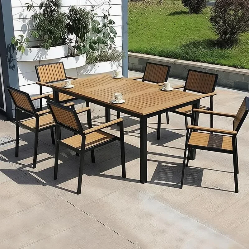 for Outdoor Plastic Wood Tables and Chairs European Simple Teak Color Garden Leisure Table and Chair Combination for Outdoor