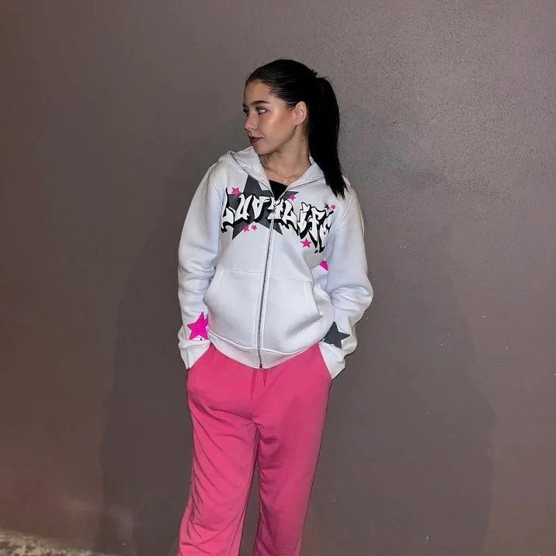 الخريف/الشتاء الرجعية Y2K الرجال والنساء قلنسوة بسحاب الشارع العصرية سترة معطف القوطية رسالة الخماسي مطبوعة هوديي البلوز #4