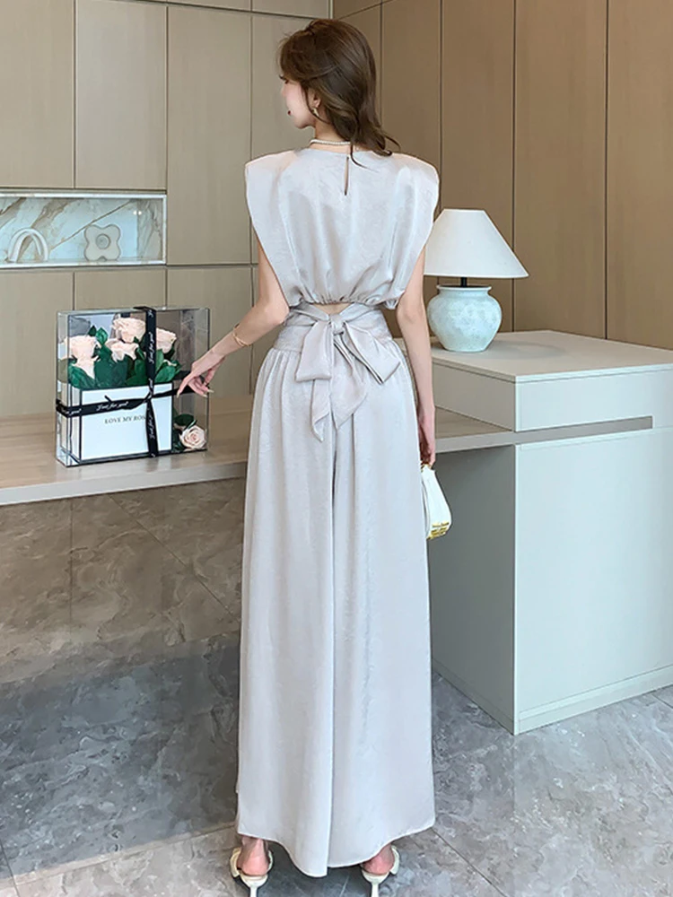 Elegant Lady Casual 2 Pieces Outfits Women Clothes Sleeveless Loose Tops Shirt Blouse And Wide Leg Loose Long Pants Trousers Set