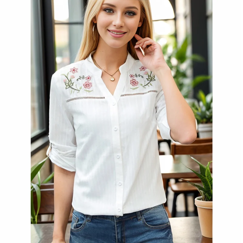 White Floral Embroidery Blouse Women\'s Long Sleeve Fashion Women Tops Office Lady Shirt Women Clothing New Blusas D839