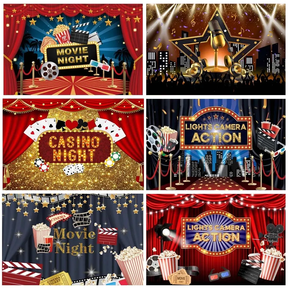 

Cinema Movie Night Backdrop Hollywood Red Carpet Film Event Star Casino Poker Adult Birthday Party Banner Photography Background