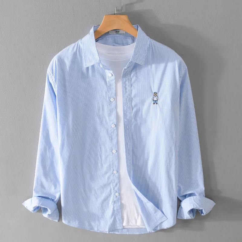 

Sli Long Sve Bear Embroidery irt Trendy Youth Cotton Polyester Blend Striped Casual irt for Men Artistic Sle