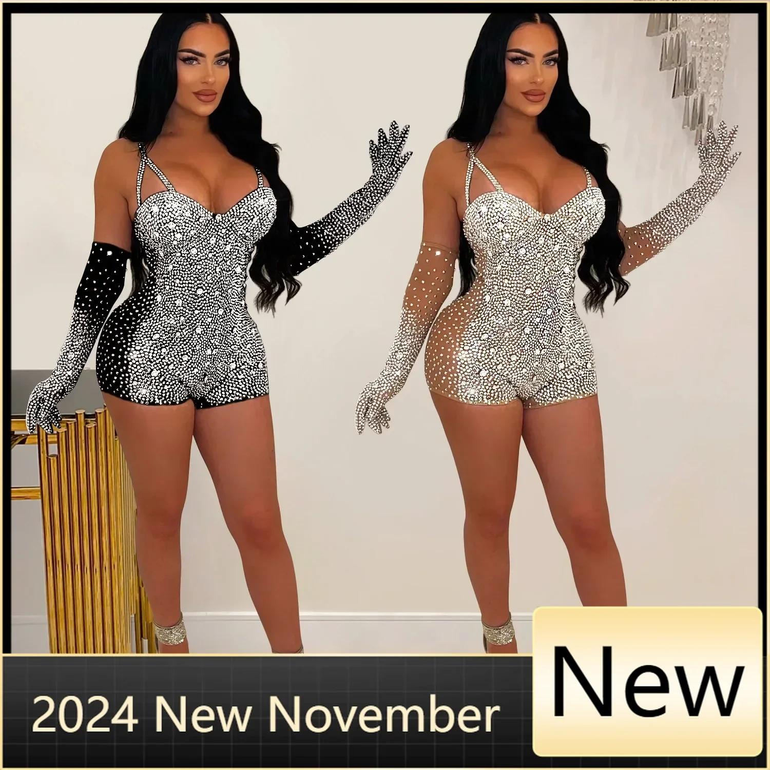 

Sexy Mesh See Through Rhinestone Jumpsuits Shorts With Gloves Women Off Shoulder Crystal Night Club Playsuits Rompers