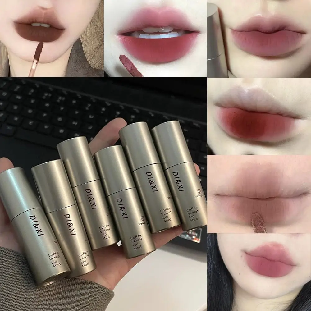 Lip Gloss tabung perak N7w7, kosmetik lapisan cair lumpur Matte kopi beludru tahan air lipstik murni tahan lama