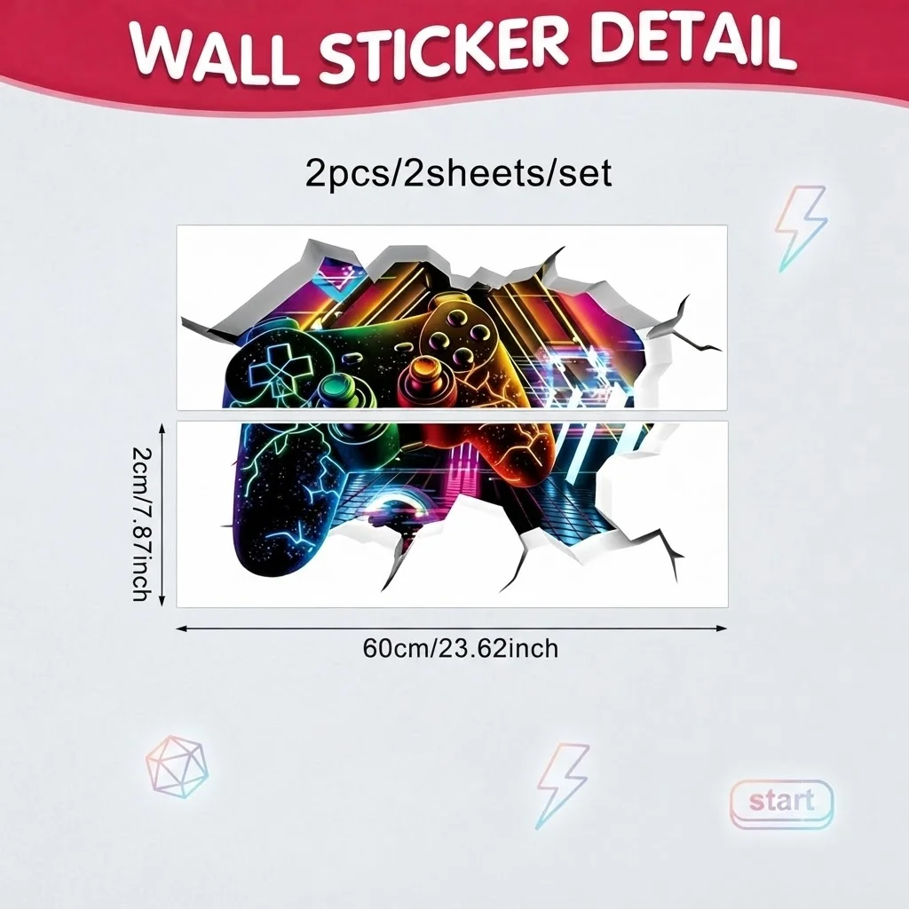 Torn Wall Game Controller Wall Sticker Colorful Neon E‑Sport Controller Broken Wall Visual Effect Trendy Cyber Style
