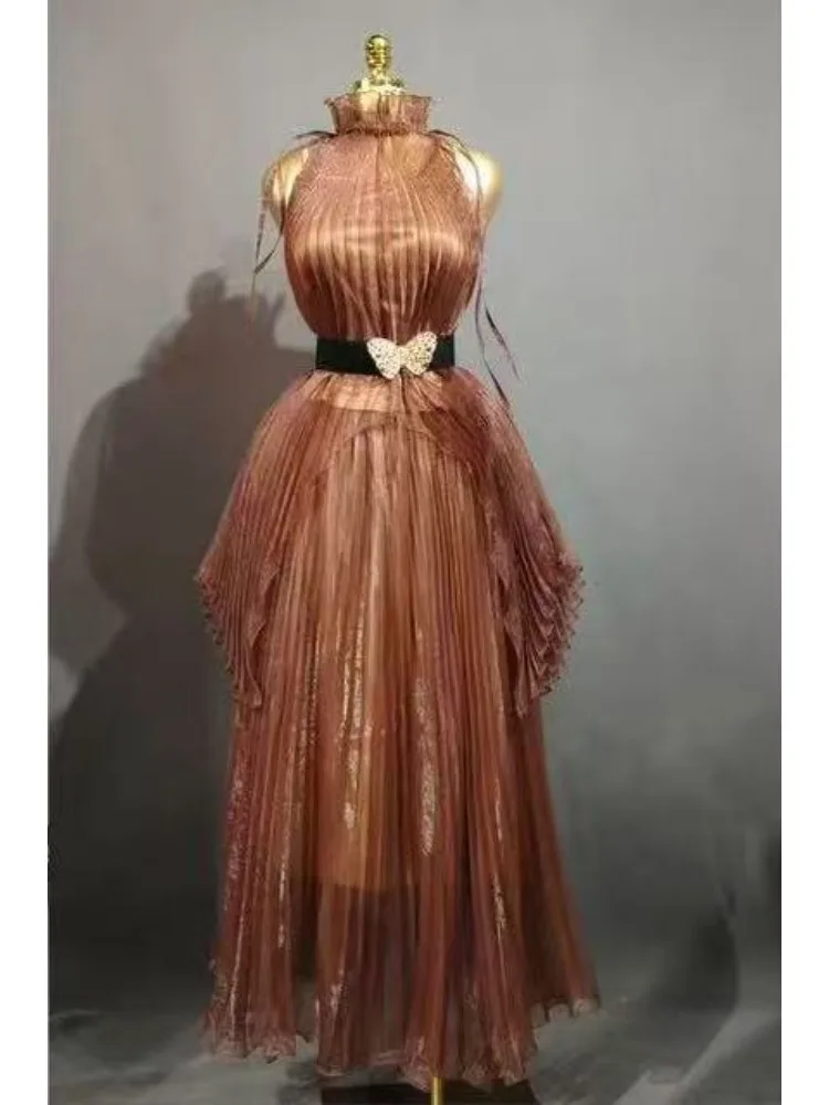 2026 New Fashion Drawstring Stand-up Collar Solid Color Organza Fabric Sleeveless Waist Fashion Summer Three-piece Suit Women