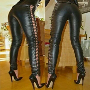 Damen-Leggings aus Kunstleder mit Schnürung, Gothic-Bandage-Leggings, Skinny-Leggings mit Aussparungen, enge Hose – Detail 3
