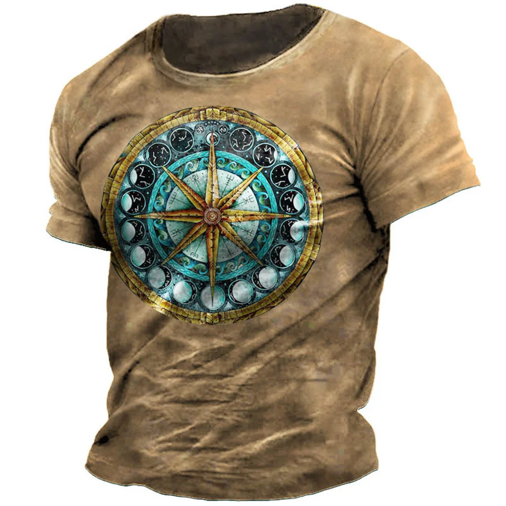 Summer Fashion Personality Retro Navigation Compass graphic t shirts For Men Trend Vintage Printed O-neck Short Sleeve Tees Tops