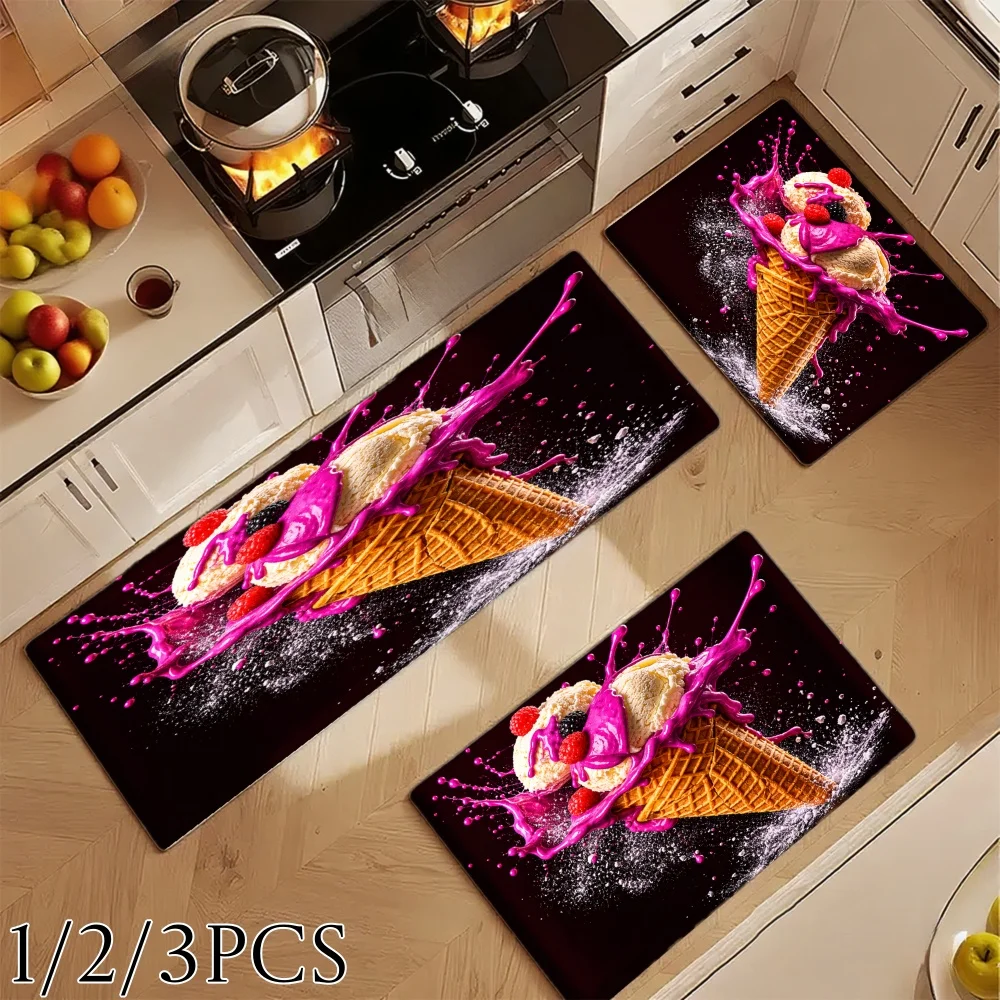 3PCS Kitchen Rugs,Home Decoration for Front Door, Kitchen, Bathroom, Ice Cream Cone With Pink Splash And Berries Dining Mat