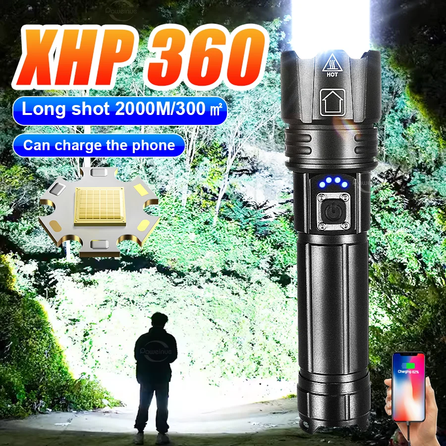 

2025 XHP360 Most Powerful LED Flashlight USB Rechargeable Lamp 18650 Ultra Powerful Flashlight Tactical Lantern Camping Torch