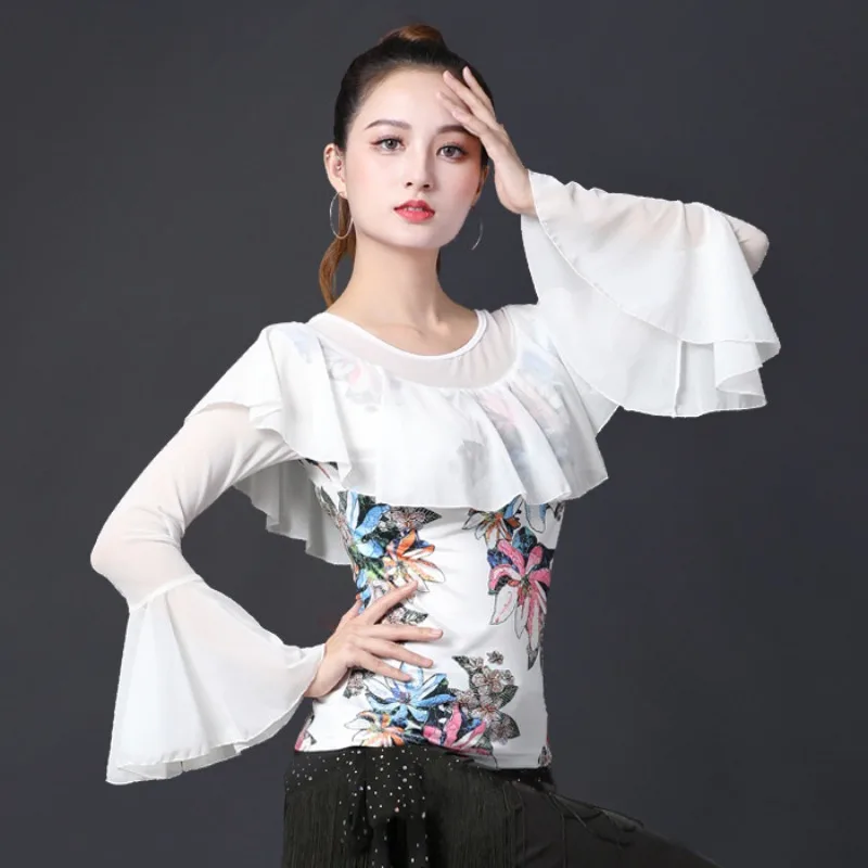 customized horn sleeve top Latin dance costume for adult women national standard modern dance costume Waltz dance clothes women