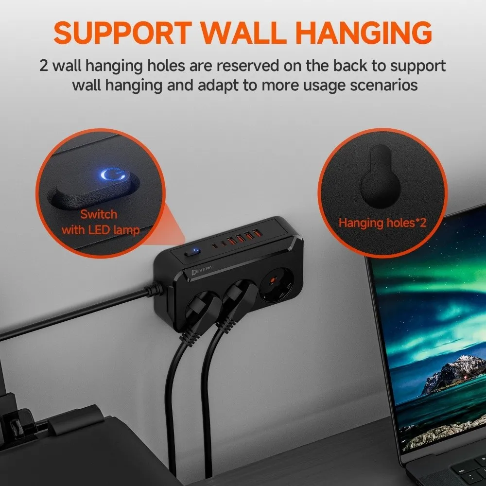 Integrated 2500W EU Plug Outlet Wall Mounted Type-C Ports Wall Power 9 Plugs Universal Power Strip Home Offices