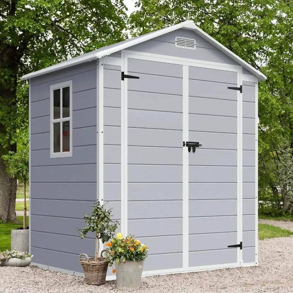 

Outdoor Storage Shed, 6 x 4FT Resin Shed with Floor and Lockable Door, Plastic Garden Tool Outside Sheds for Patio Backyard Lawn