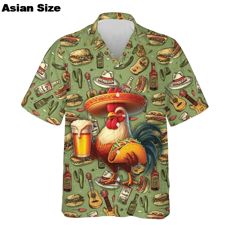 Grappige Sombrero Hawaiiaanse shirts voor herenkleding Mexico Chicken Roll Beach Shirt Taco Dieren Revers Blouse 2025, Unisex Blouses