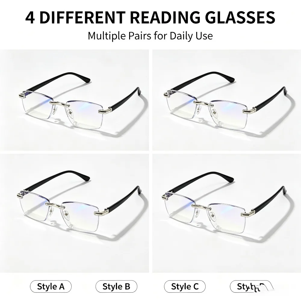 4PCS Rimless Anti Blue Light Reading Glasses for Men, Lightweight Comfort Clear Lens Presbyopic Glasses, Soft Fit No Pressure Long Time Wear Computer Eyeglasses