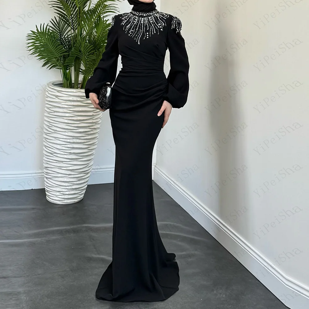 Op maat gemaakte zeemeermin galajurken Vloerlengte Hoge hals Avondjurk met volledige mouwen Mode Kristallen kralen Gedrapeerde feestjurk