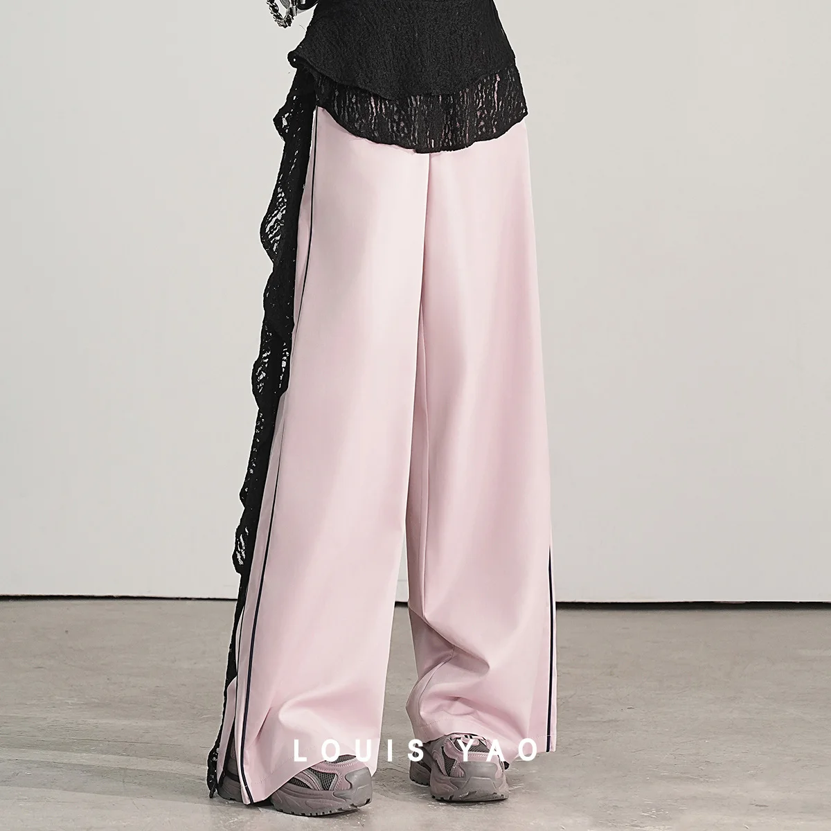 LOUIS YAO Lace Drawstring Straight Pants 2025 Summer Y2K Contrast Color Double Vertical Strips Foot Openings Women Casual Pants
