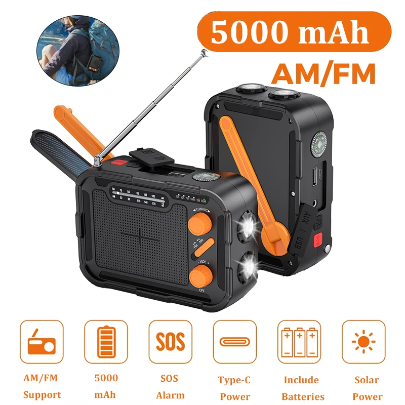 5000mah Emergency Portable Radio AM/FM Solor Hand Crank With Batteries Rechargeable Torch Reading Lamp SOS Alarm for Emergencies