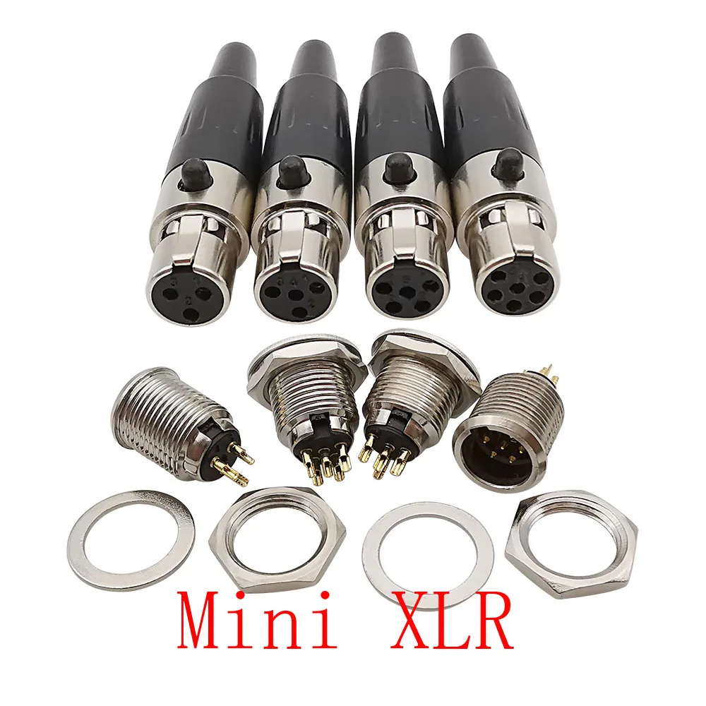 Mini XLR fêmea Jack e macho Plug Chassis, Tomada de montagem do painel, Conector de solda do microfone áudio, 3 pinos, 4 pinos, 5 pinos, 6 pinos