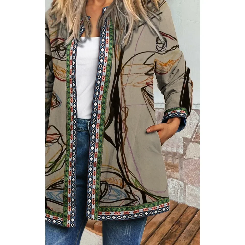 M-3XL Size Autumn Winter New Retro Ethnic Style Printed Long sleeved Coat Jacket Cardigan Women\'s Wear jackets for women