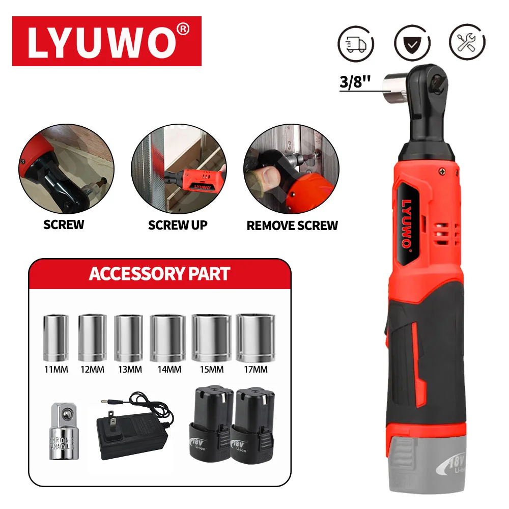 LYUWO 18V 90 Degree Rechargeable Right Angle, Ratchet Kit, Angle Drill, Screwdriver Nut Removal, Car Repair Tool, Power Tool Set