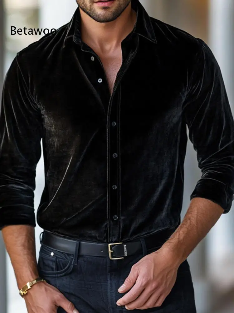 Mens Soft Velvet Long Sleeve Shirt Point Collar Button Closure Slim Cut Top For Cool Season Daily Matching And Night Outfits