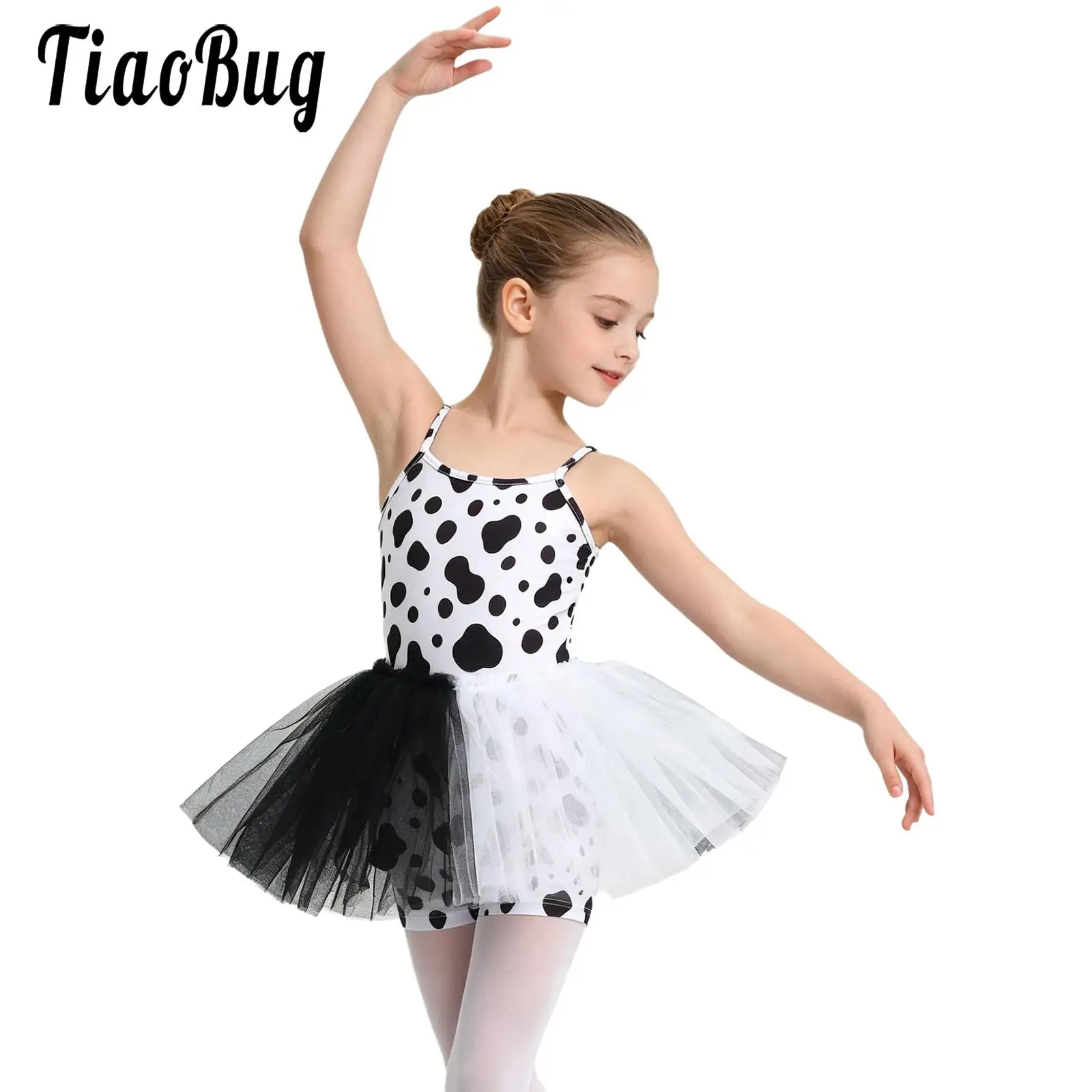 

Kids Girls Dalmatian Dog Dress Up Bodysuit Tutu Dress Dancewear Sleeveless Ruffle Mesh Overlay Jumpsuit for Themed Activity