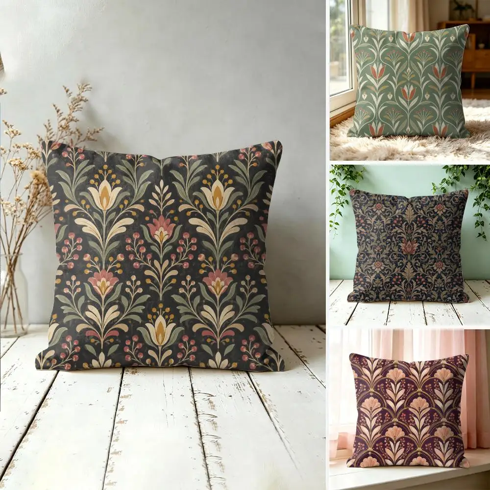 William Mori Style Vintage Plants Pillow Case Double-Sided Plush Sofa Cushion Covers Organic Breathable Invisible Zipper