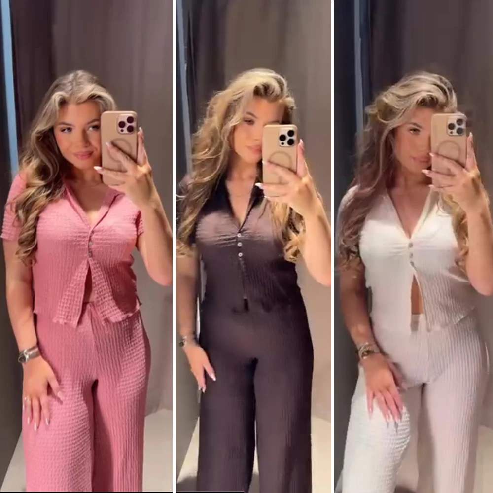 Casual Textured 2 Piece Sets for Women Summer Pant Sets Cropped Textured Short Sleeve Jackets +Tonal Straight Leg Mid-rise Pants
