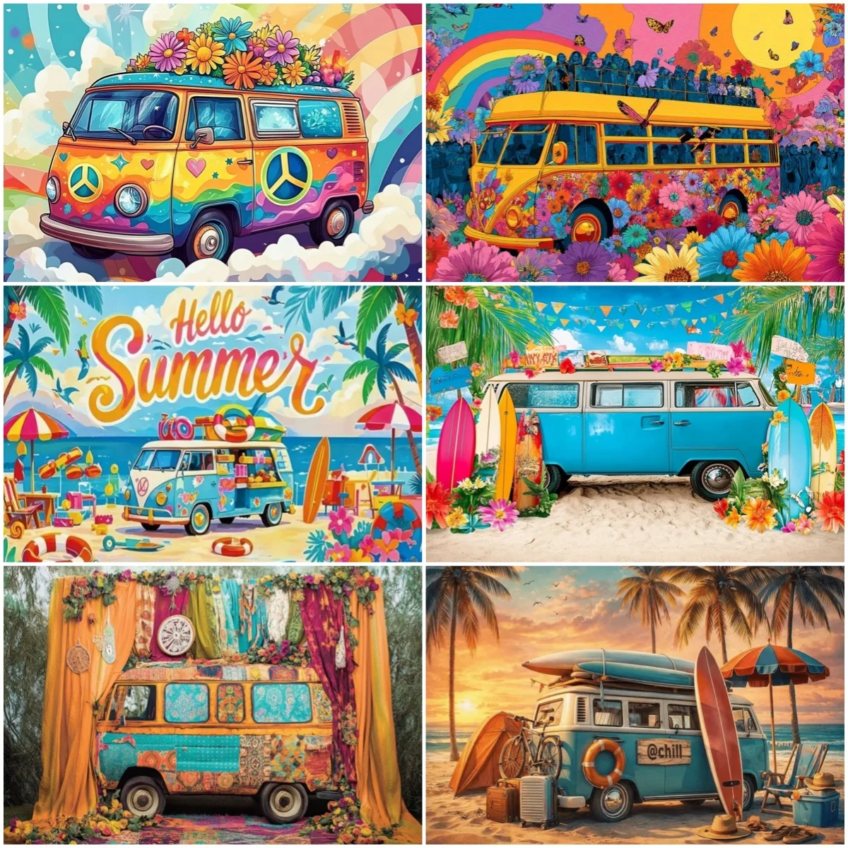 

Retro Hippie Bus Backdrop Summer Hawaiian Tropical Beach Party Decoration Surfboard Sunset Coconut Photography Background Props