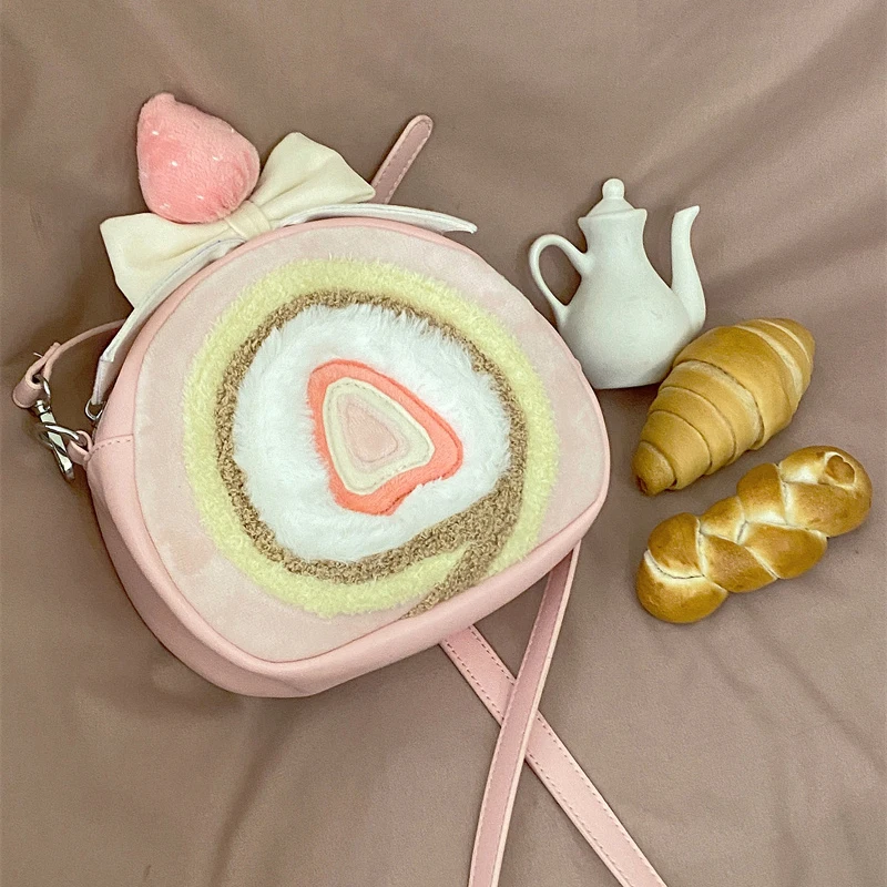 Kawaii in Stock Cute Strawberry Cake Roll Anime Cosplay Bags for Women Sweet Pink Lolita Bag for Girl Christmas Gift Backpack