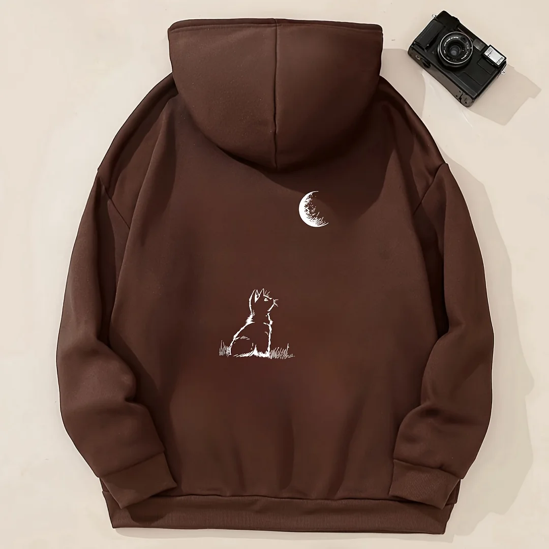 2026 New Style Brown Hoodie Men Sketch Cat Watching Crescent Moon Graphic Print Long Sleeve Loose Streetwear Sweatshirt Kids
