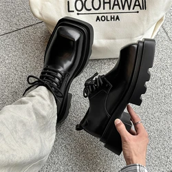 Derby Square headed men's leather shoes Trendy minimalist style Fashion Party office Outdoor leisure youth thick soled shoes Hot