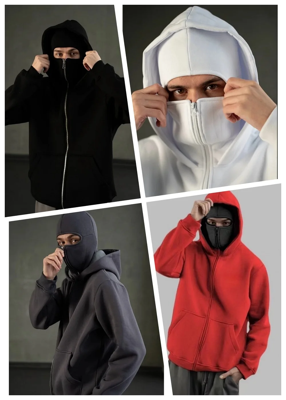 

Unisex Double Hooded Fleece Sweatshirt Woman Balaclava Hoodie Half Zip Warm Outfit for Fall Winter Men Clothing Masked Outfit