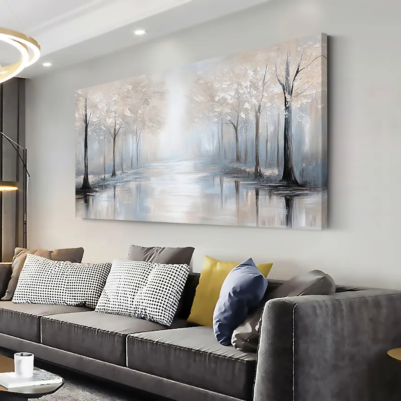 

Canvas Wall Art Misty Silvery Forest Modern Abstract Painting Frameless Picture for Living Room Bedroom Office Home Decoration