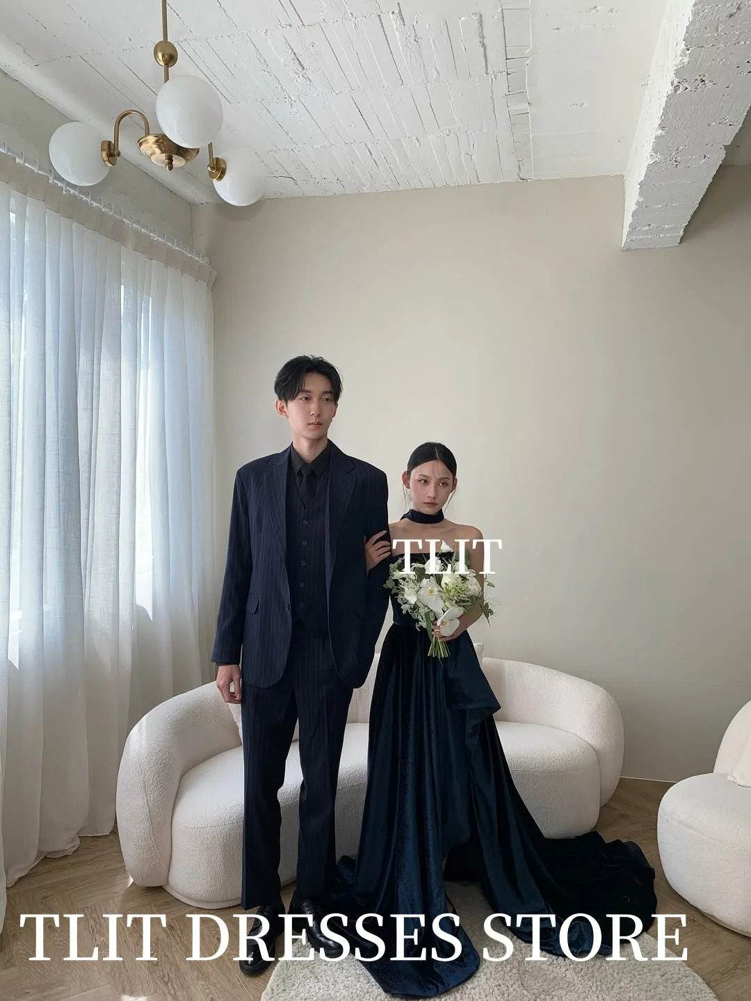 TLIT-vestido de noche moderno de terciopelo azul profundo, vestidos de novia coreanos, sesión de fotos, vestido de graduación sin tirantes personalizado