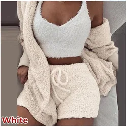 Winter Plush Home Wear Casual 3-piece Pajamas, Long-sleeved Shorts, Sports Suit, Women's Vest + Shorts + Robe, Versatile Style