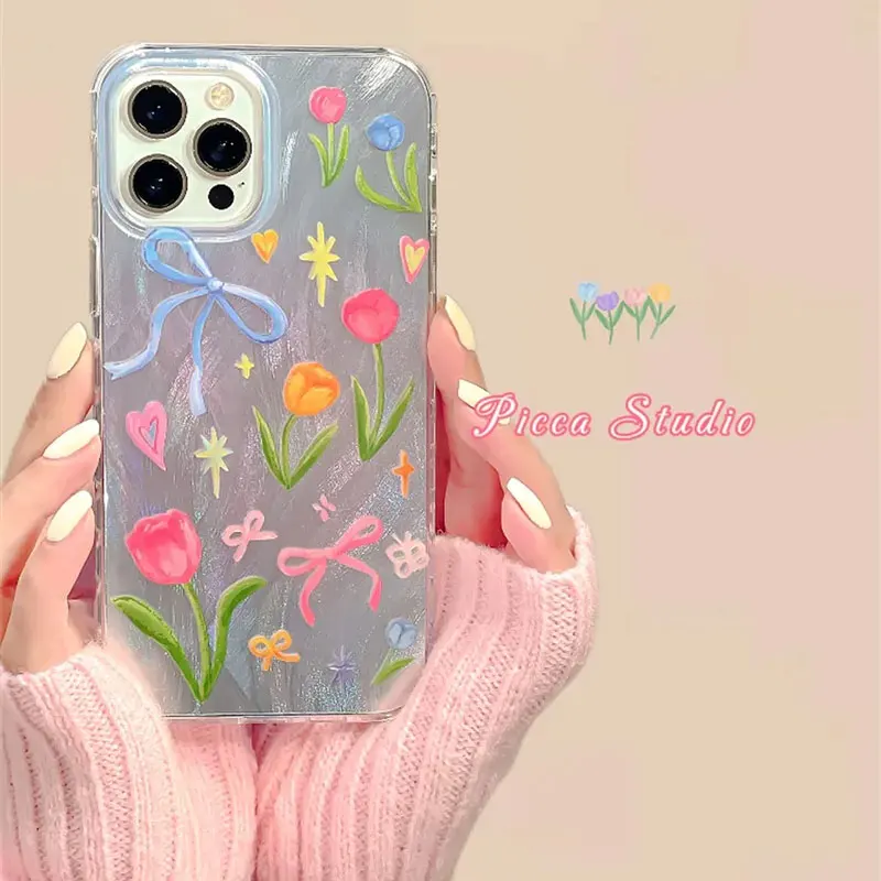 Ins Colorful flowers Phone Case For iPhone16Pro Max15 14 13 12 11 XR XS Max7 8Y2K Senior  Feather gauzeSoft anti fall Phone Case