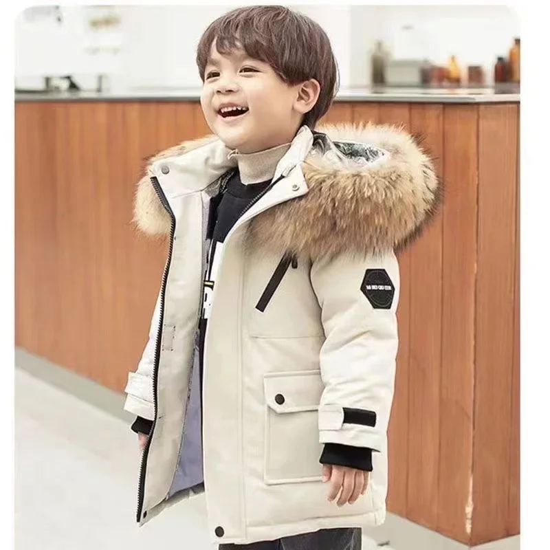 ZOETOPKID Verdickte Daunenjacken für Jungen, Wintermantel mit großem Fellkragen, Baumwolljacke mit Kapuze für Kinder, gepolsterte Oberbekleidung für Teenager – Detail 2