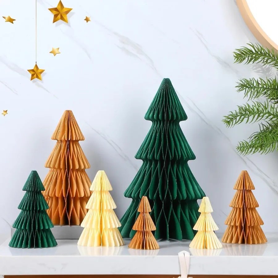 7 Pcs Neutral Christmas Tree Honeycomb Centerpiece Minimalist 3D Paper Trees Centerpiece Modern Christmas Decor Rustic Reusable