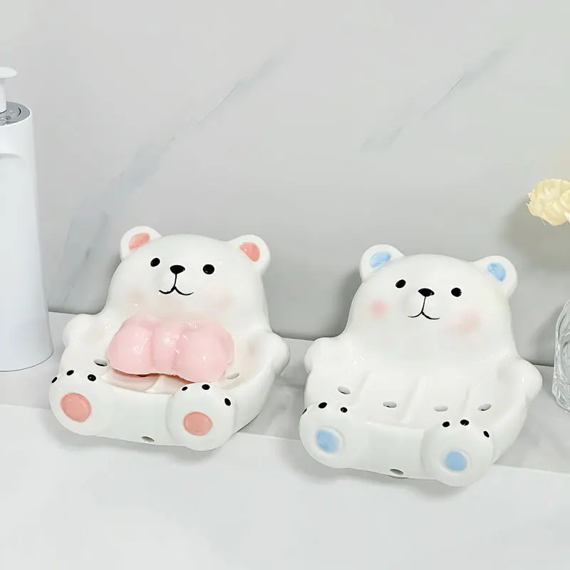 

Cartoon Soap Dish Bathroom Accessories Polar Bear Drain Soap Box Non Perforated Creative Ceramic Soap Storage Rack Bathroom Home