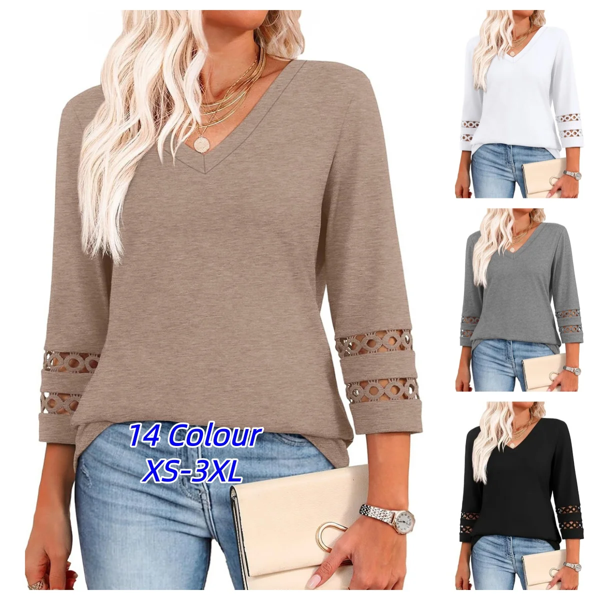 New European American Fashion Solid Color Women Knitted Sweater Loose V Neck 7 Quarter Sleeve Hollow Out Casual Pullover Tops