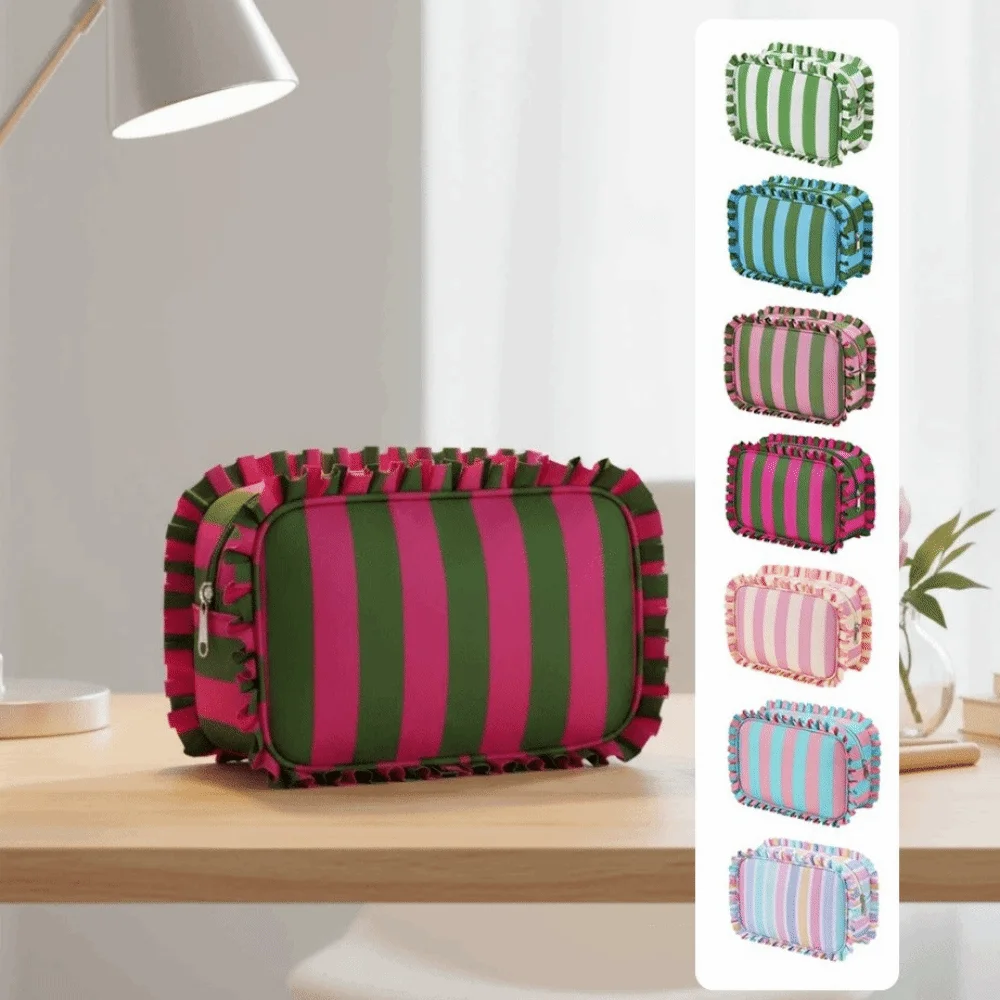 Ruffle Decoration Striped Cosmetic Bag Colorful Oxford Women's Makeup Case Flat Bottom Large Capacity Striped Makeup Organizer