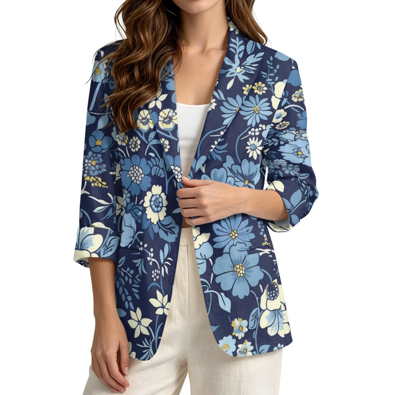 PENSTROLL Blue Floral Linen Style Open Front Tops Beach Cover Ups for Lady Lightweight Open Front Cardigan