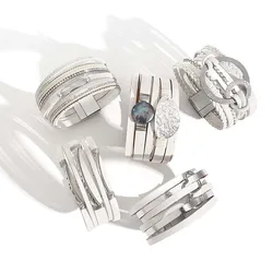 ALLYES Charm White Leather Bracelet for Women Boho Trend Heart Circle Crystal Stone Shell Multilayer Wrap Bracelets Jewelry Gift