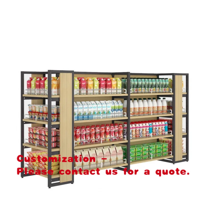 custom.Double-sided Iron and Wooden Rack Supermarket Snack Display Rack